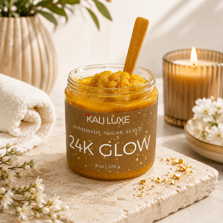 24K Glow Body Scrub, (Turmeric) (Jasmine Essential Oil)